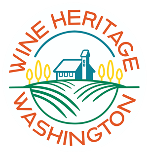 A green blue and yellow line drawing of a barn surrounded by yellow trees and a green field. In a circle around the drawing are the words Wine Heritage Washington. 